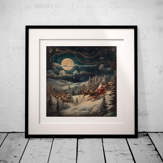 Santa & Reindeers in the Snow Festive Holiday - Rolled Poster Wall Art Print - House Prints