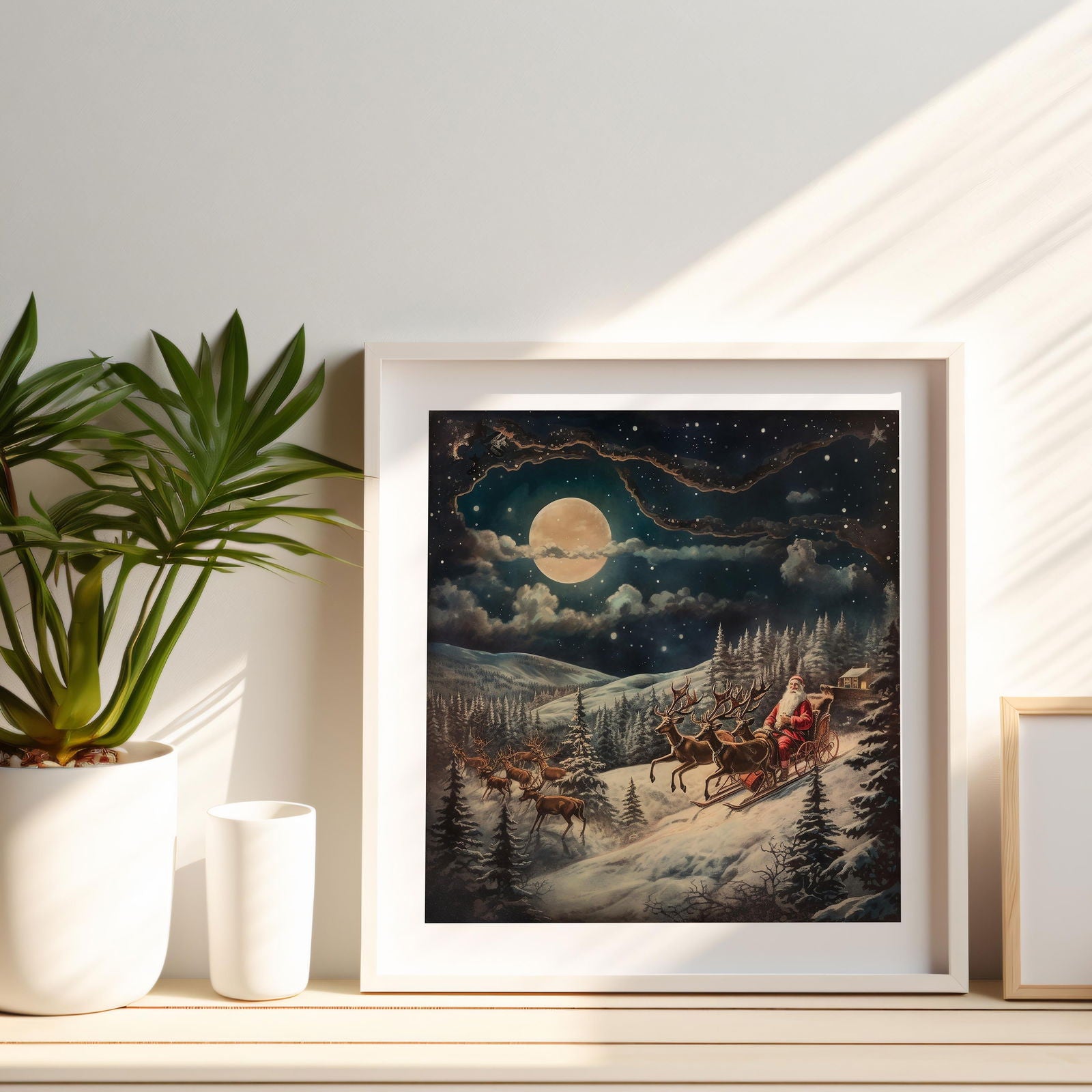 Santa & Reindeers in the Snow Festive Holiday - Rolled Poster Wall Art Print | House Prints