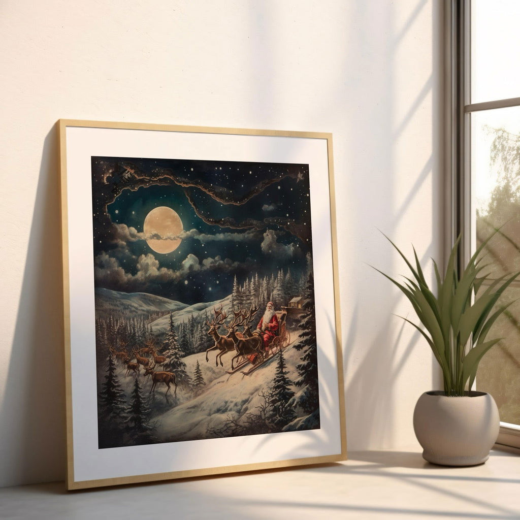 Santa & Reindeers in the Snow Festive Holiday - Rolled Poster Wall Art Print | House Prints