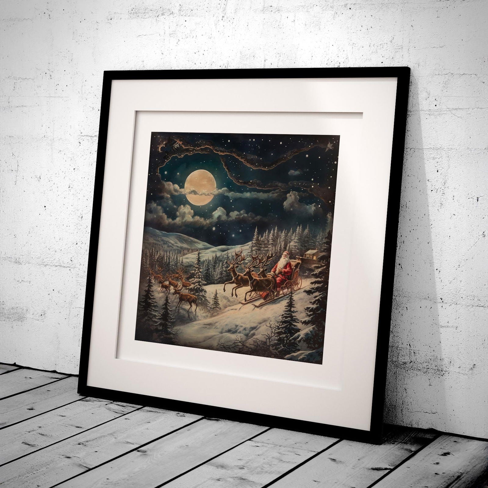 Santa & Reindeers in the Snow Festive Holiday - Rolled Poster Wall Art Print | House Prints