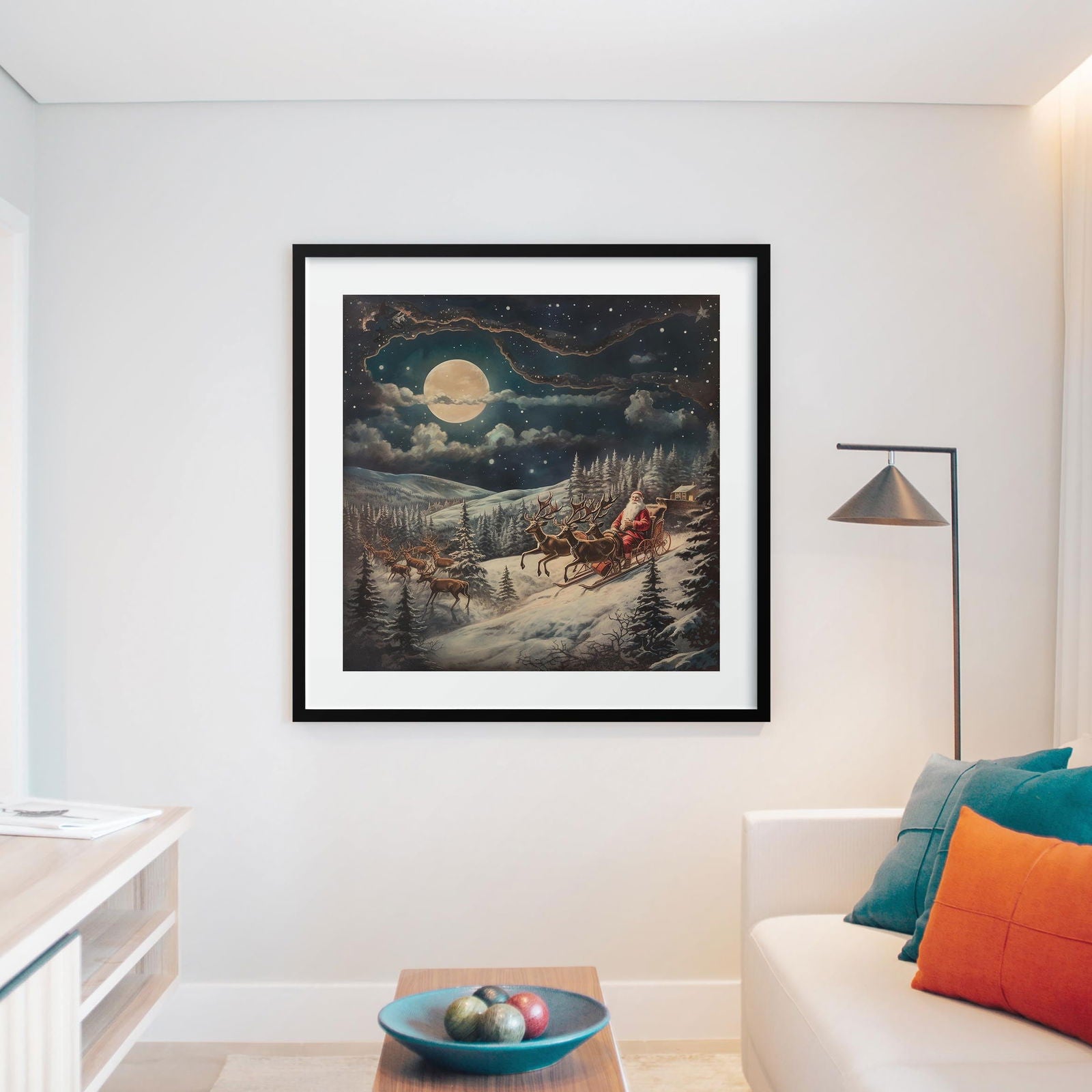 Santa & Reindeers in the Snow Festive Holiday - Rolled Poster Wall Art Print | House Prints