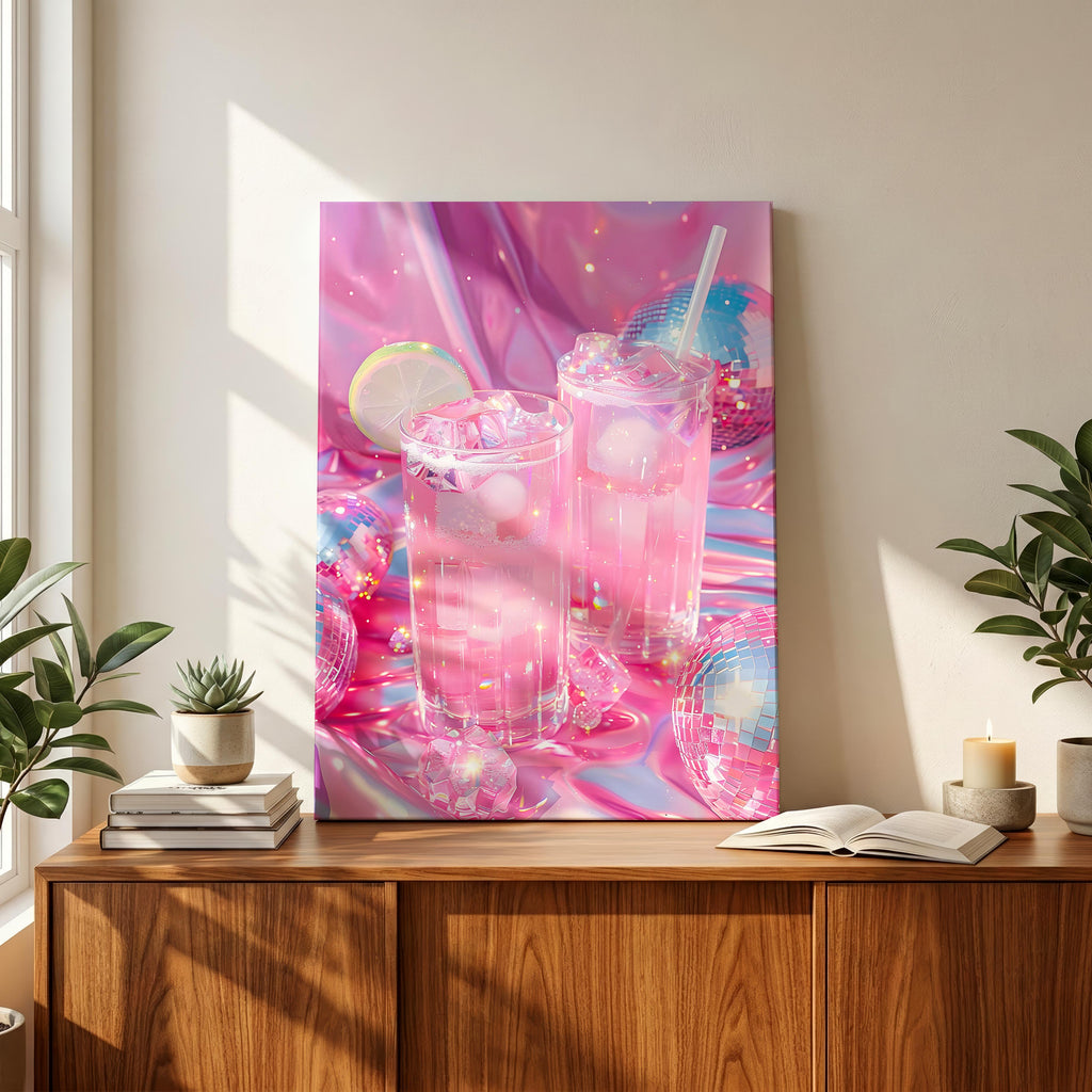 Sparkly Pink Cocktail Disco Party Drinks - Framed Canvas Wall Art Print | House Prints