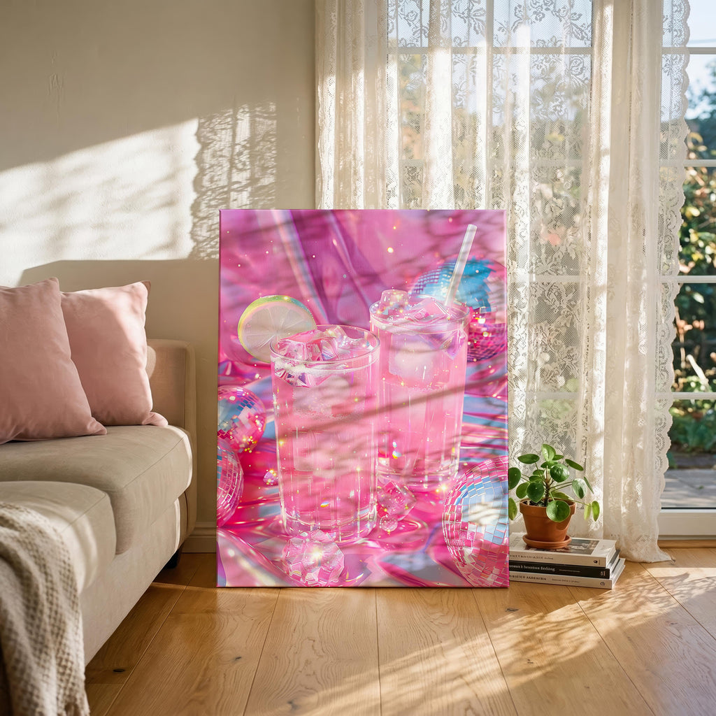 Sparkly Pink Cocktail Disco Party Drinks - Framed Canvas Wall Art Print | House Prints