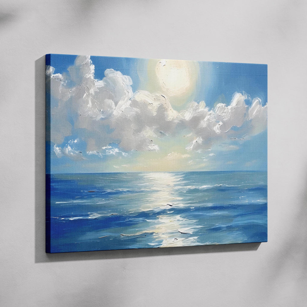Sunlit Blue Ocean with Clouds - Framed Canvas Wall Art Print | House Prints