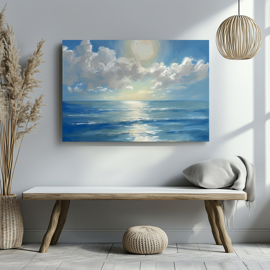 Sunlit Blue Ocean with Clouds - Framed Canvas Wall Art Print | House Prints