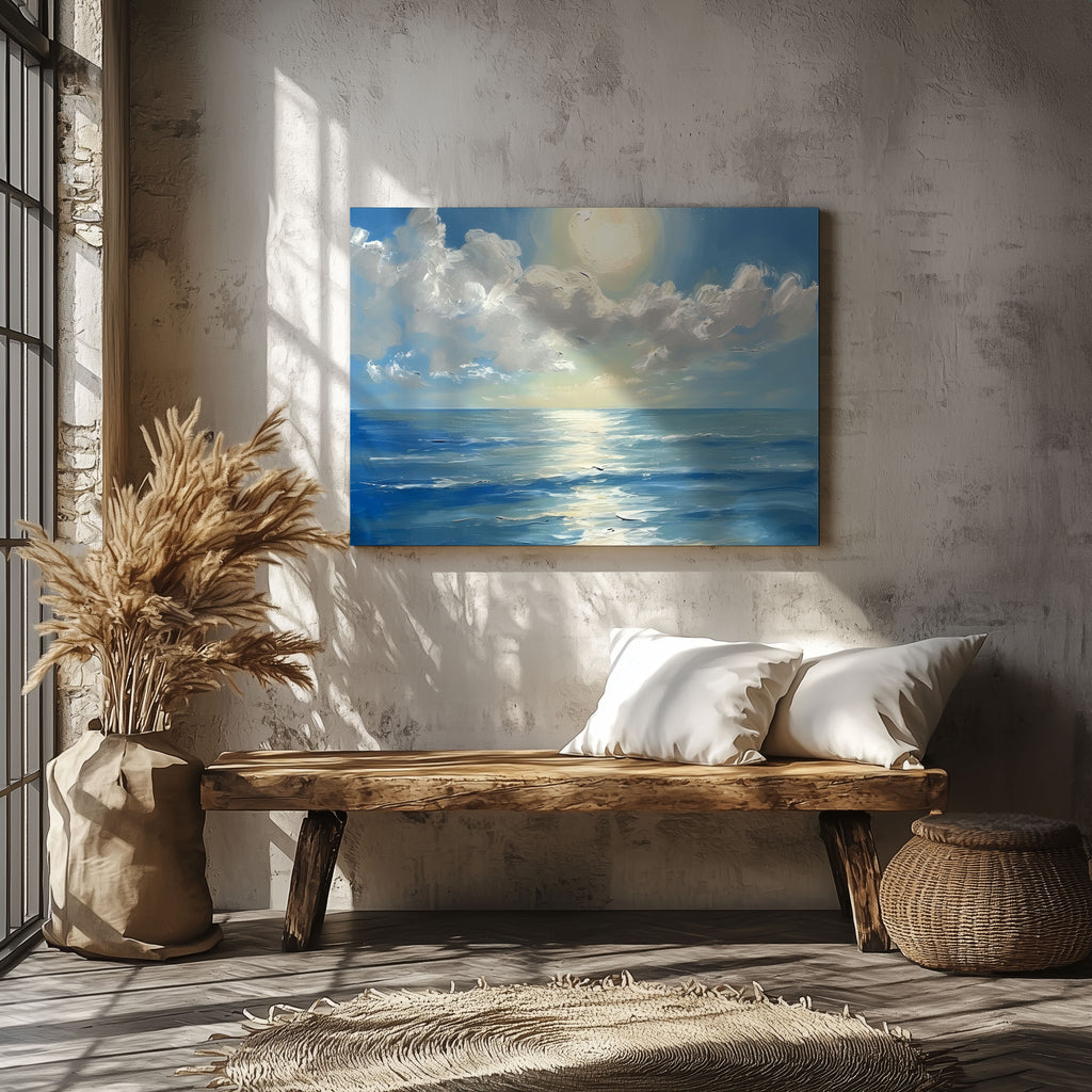 Sunlit Blue Ocean with Clouds - Framed Canvas Wall Art Print | House Prints
