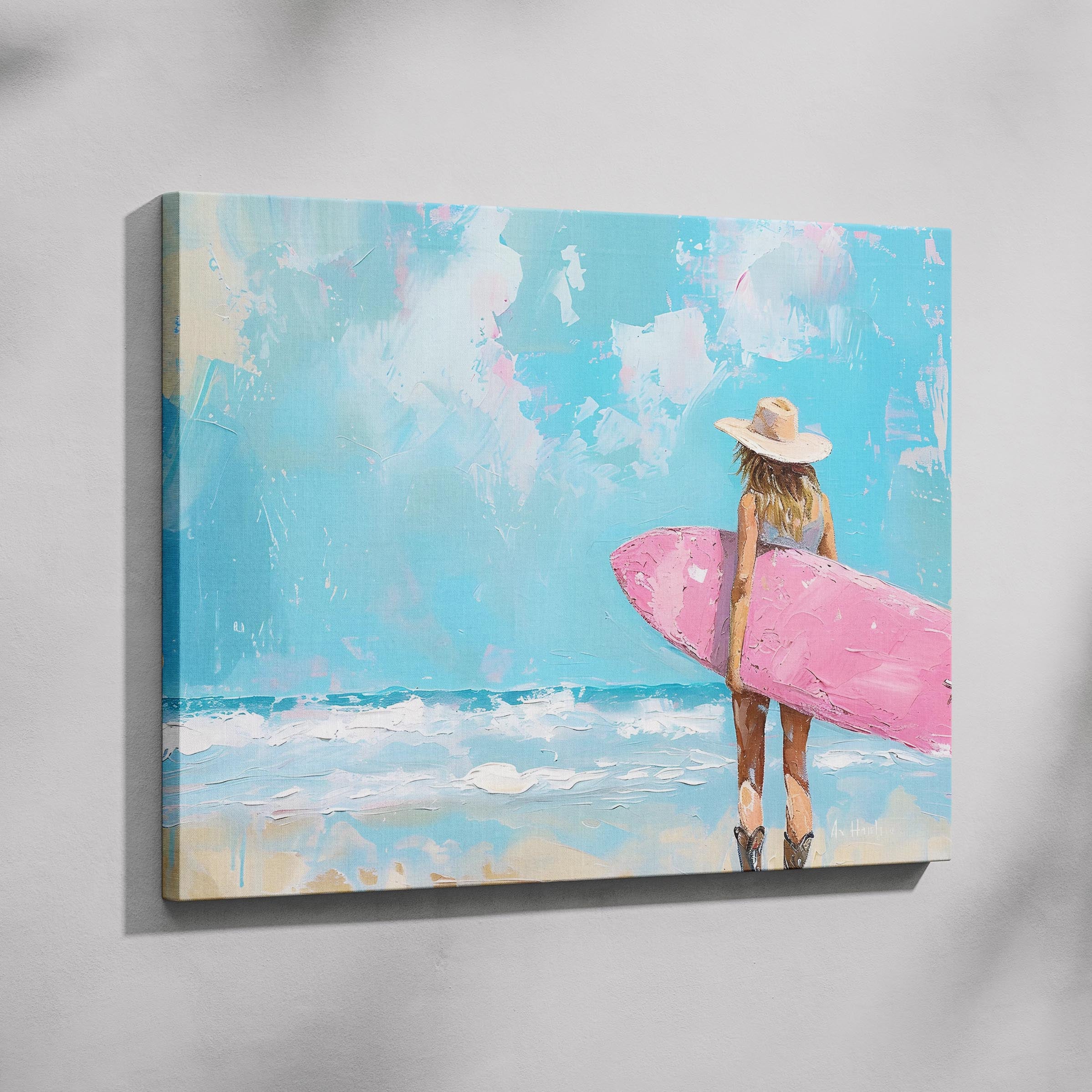 Surfboard Beach Dreams in Pink Hues - Framed Canvas Wall Art Print | House Prints