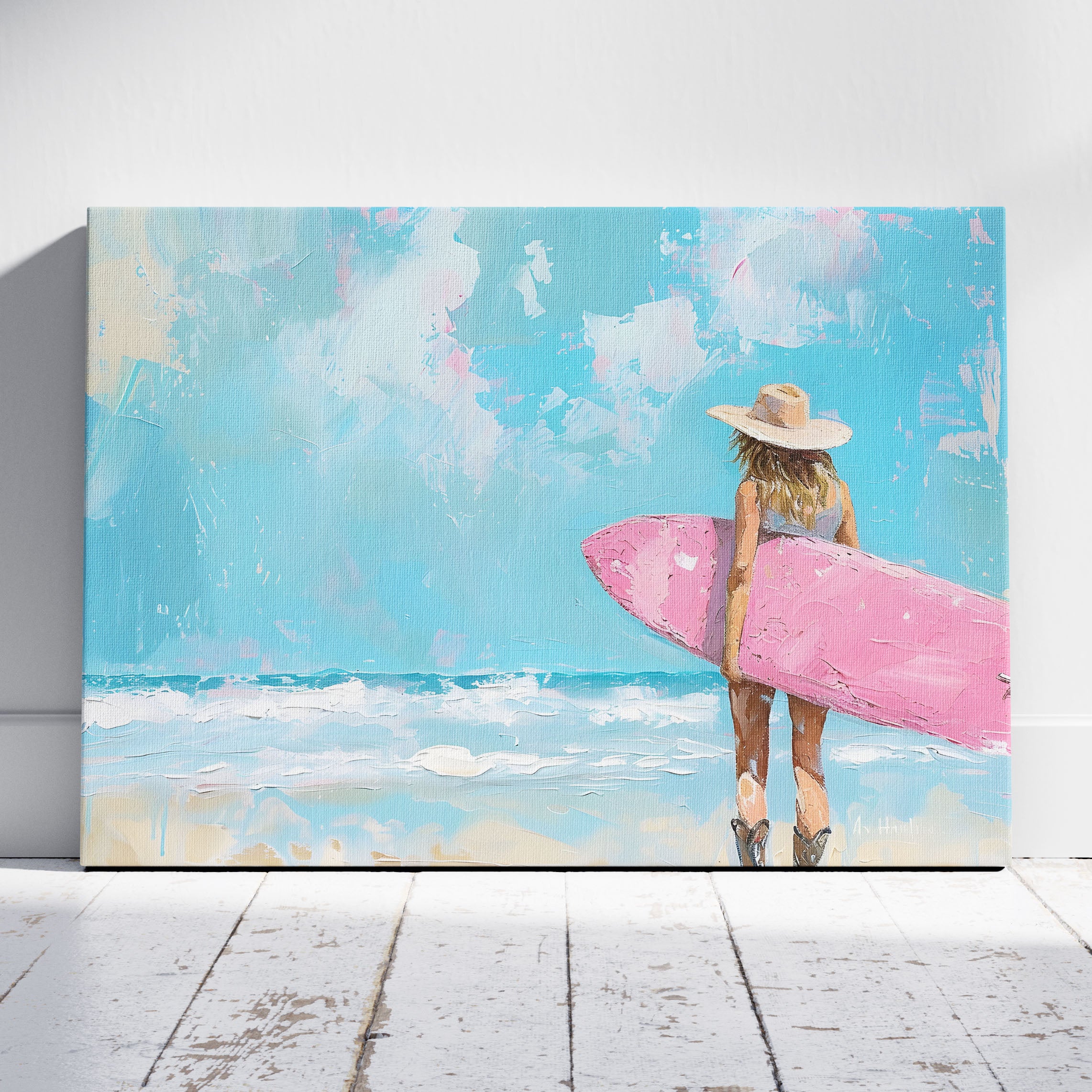 Surfboard Beach Dreams in Pink Hues - Framed Canvas Wall Art Print | House Prints