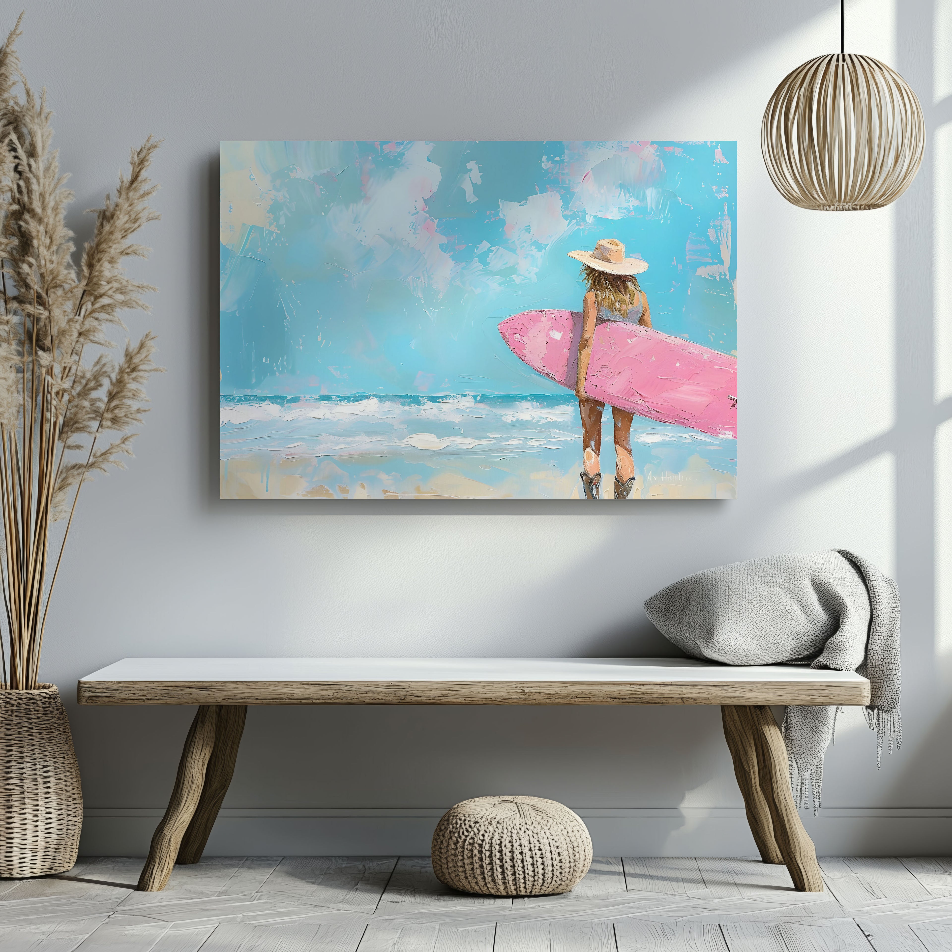 Surfboard Beach Dreams in Pink Hues - Framed Canvas Wall Art Print | House Prints