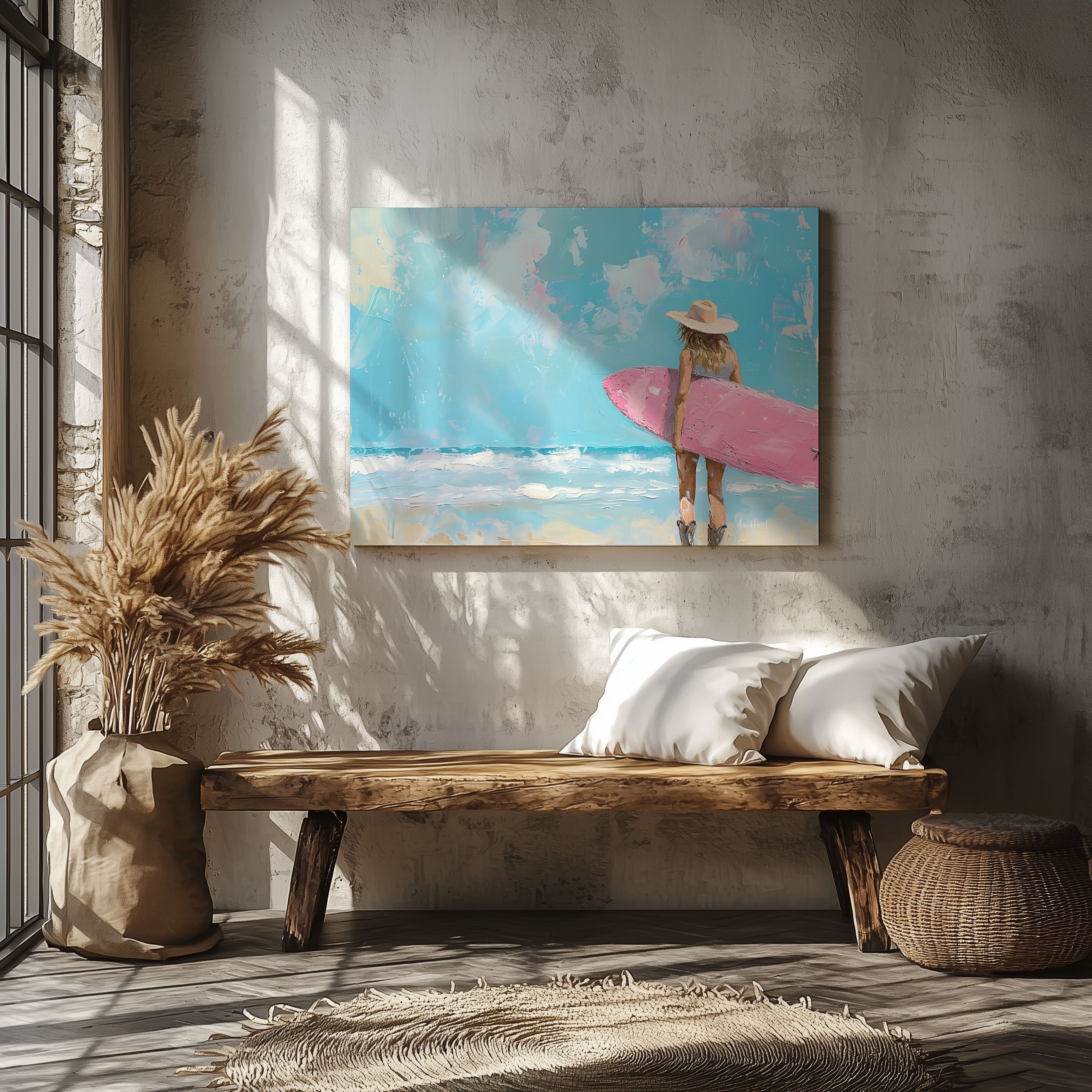 Surfboard Beach Dreams in Pink Hues - Framed Canvas Wall Art Print | House Prints
