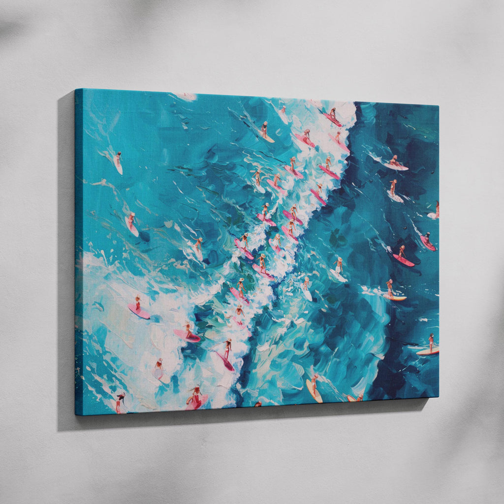 Surfers Dancing on Blue Ocean Waves - Framed Canvas Wall Art Print | House Prints