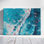 Surfers Dancing on Blue Ocean Waves - Framed Canvas Wall Art Print | House Prints