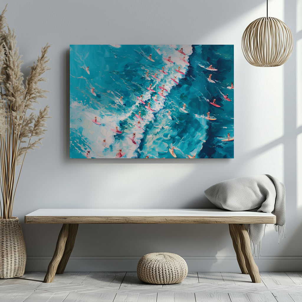 Surfers Dancing on Blue Ocean Waves - Framed Canvas Wall Art Print | House Prints