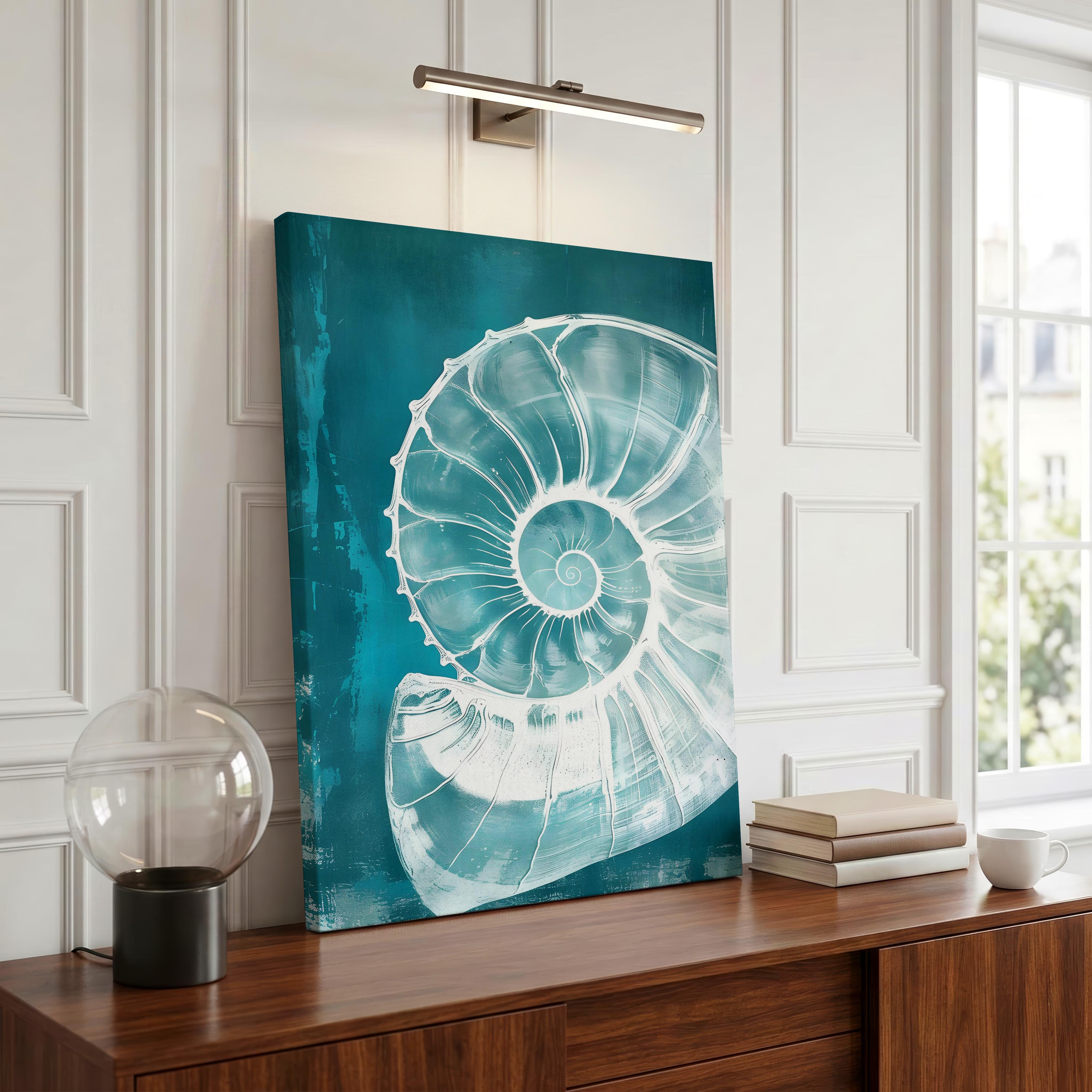 Teal Spiral Coastal Shell From The Beach - Framed Canvas Wall Art Print