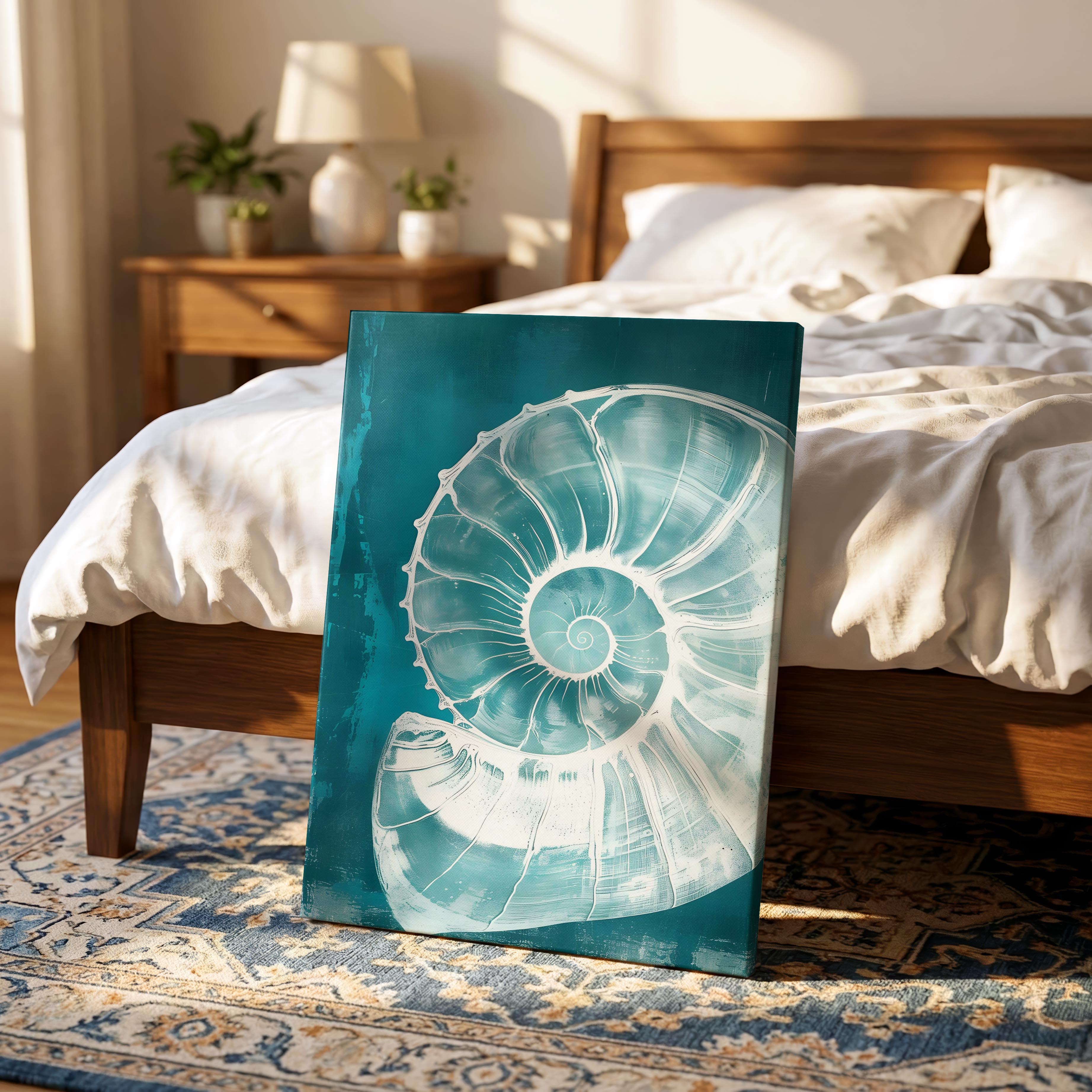 Teal Spiral Coastal Shell From The Beach - Framed Canvas Wall Art Print