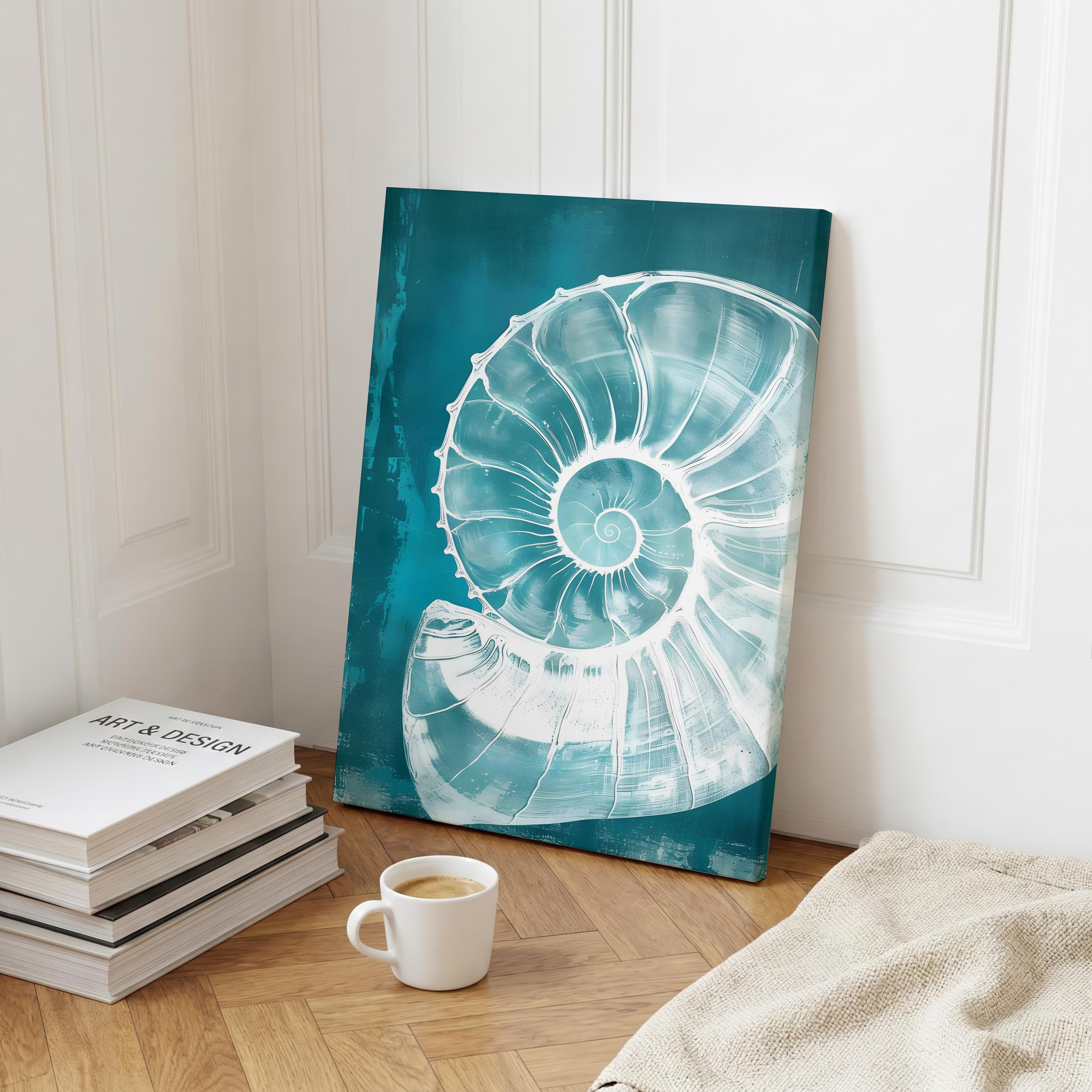 Teal Spiral Coastal Shell From The Beach - Framed Canvas Wall Art Print