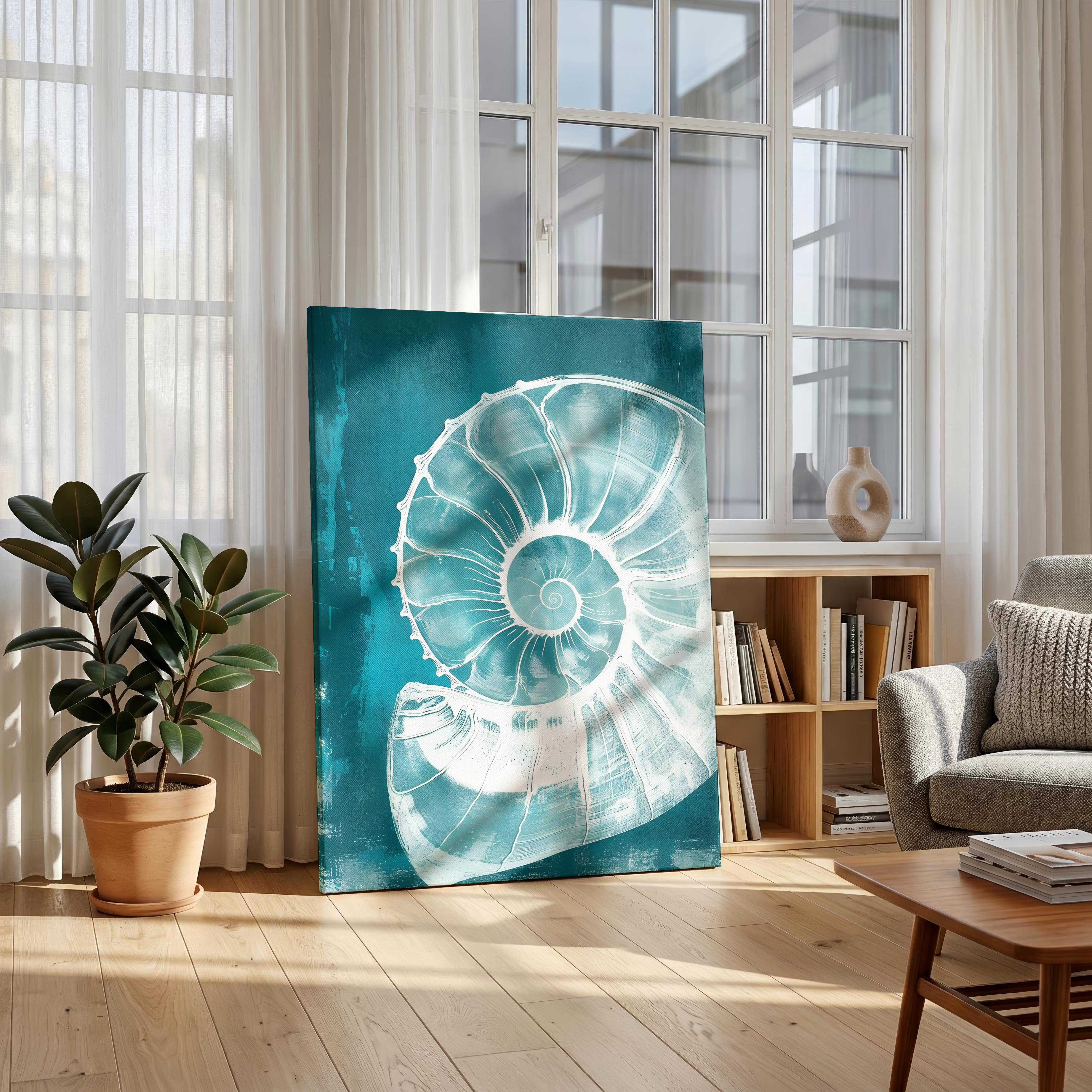 Teal Spiral Coastal Shell From The Beach - Framed Canvas Wall Art Print