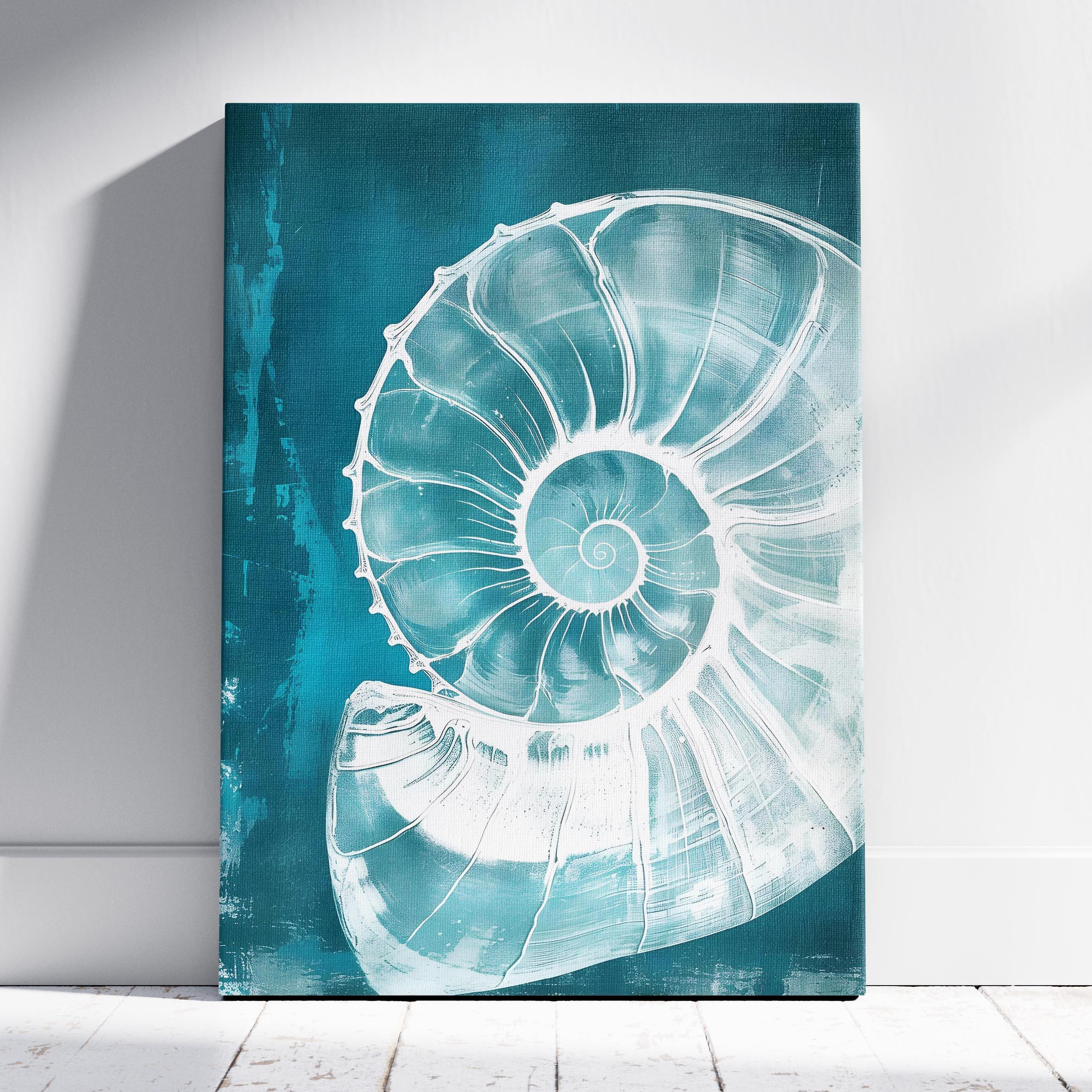 Teal Spiral Coastal Shell From The Beach - Framed Canvas Wall Art Print