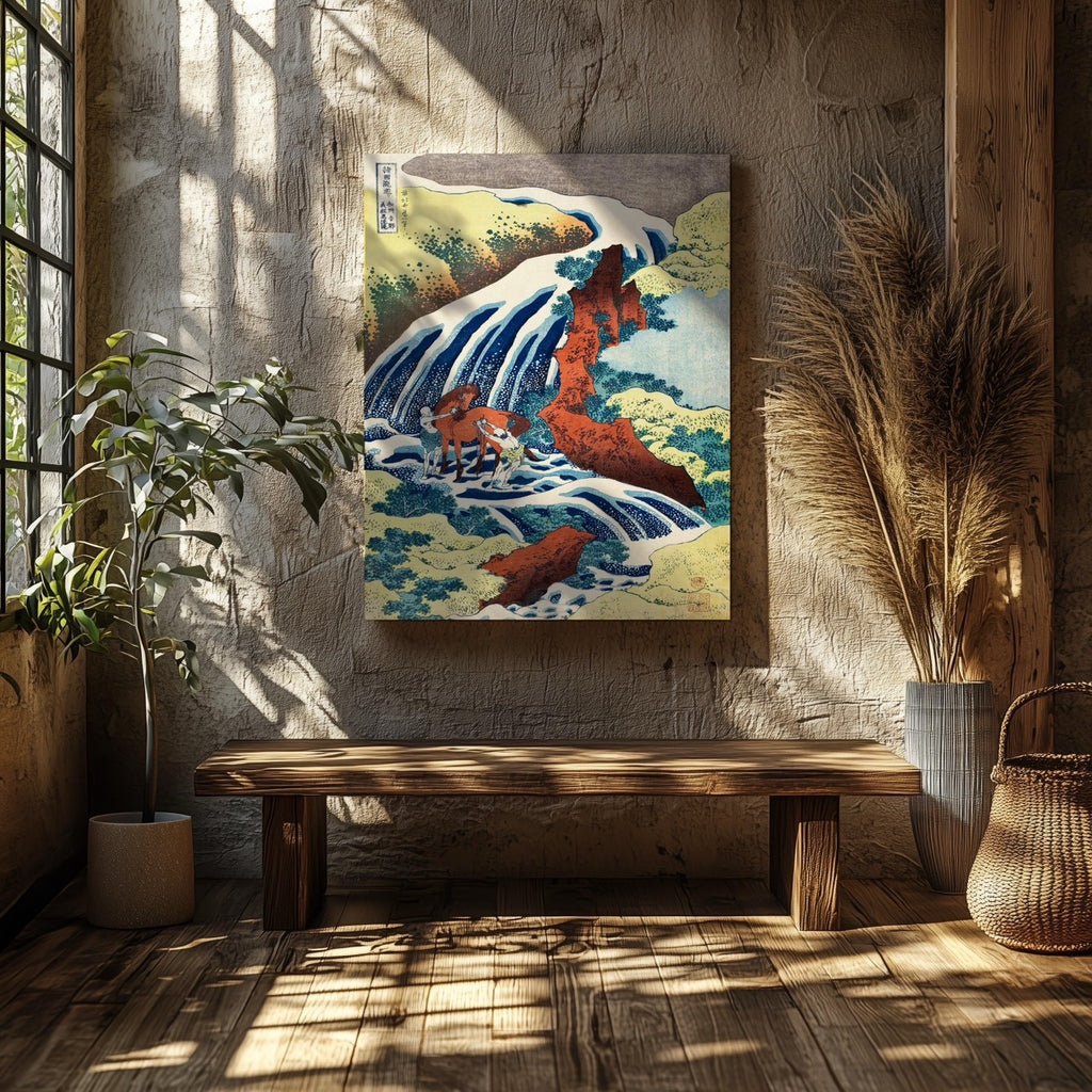 The Yoshitsune Horse Washing Falls at Yoshino - Katsushika Hokusai - Framed Canvas Wall Art Print | House Prints