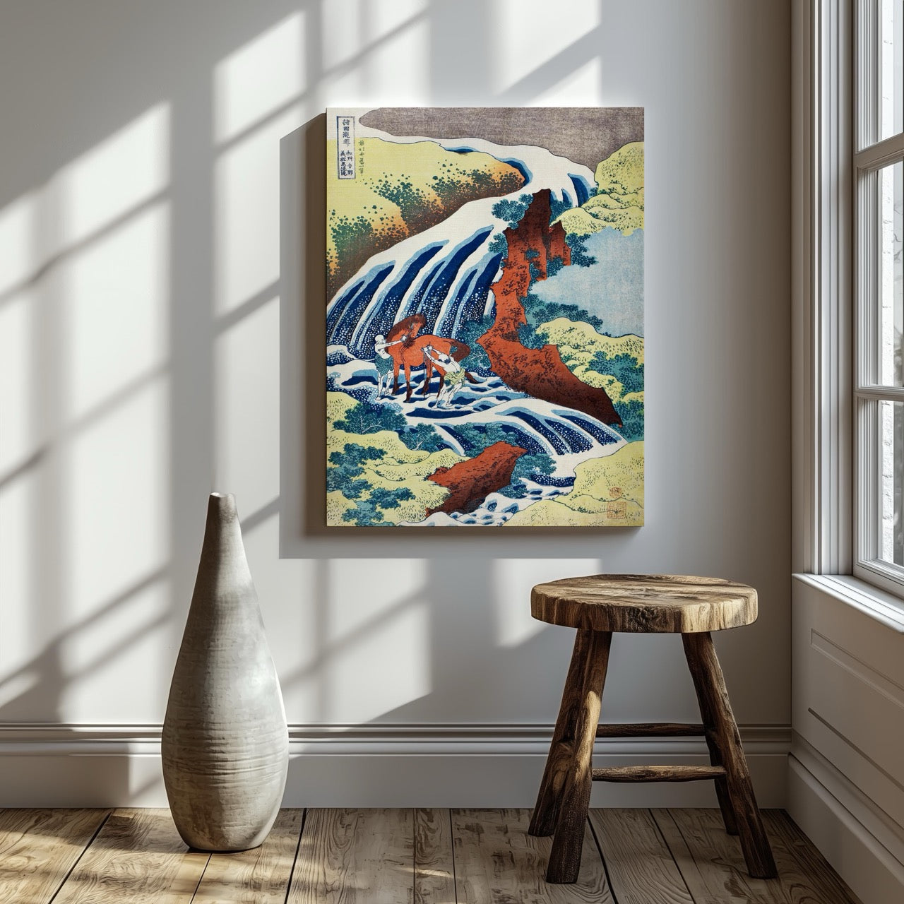The Yoshitsune Horse Washing Falls at Yoshino - Katsushika Hokusai - Framed Canvas Wall Art Print | House Prints
