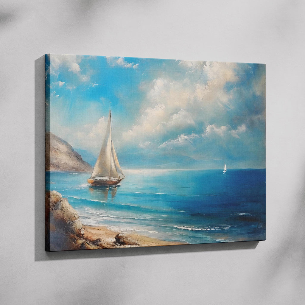 Tranquil Coast Sailing on Blue Horizon - Framed Canvas Wall Art Print | House Prints