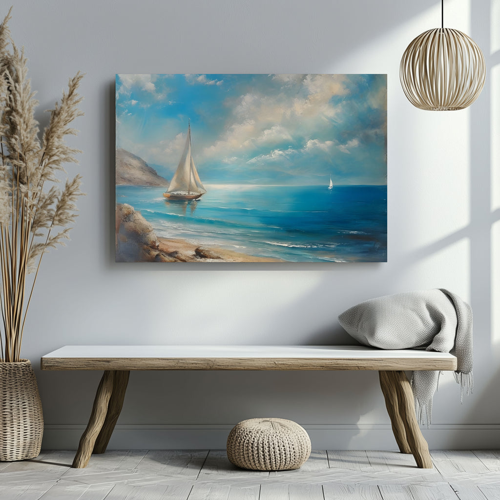 Tranquil Coast Sailing on Blue Horizon - Framed Canvas Wall Art Print | House Prints