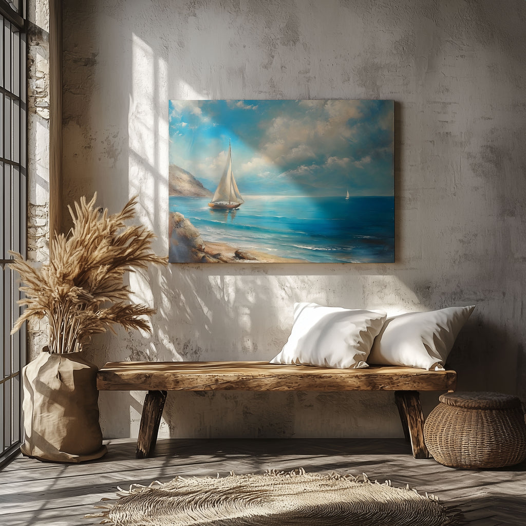 Tranquil Coast Sailing on Blue Horizon - Framed Canvas Wall Art Print | House Prints
