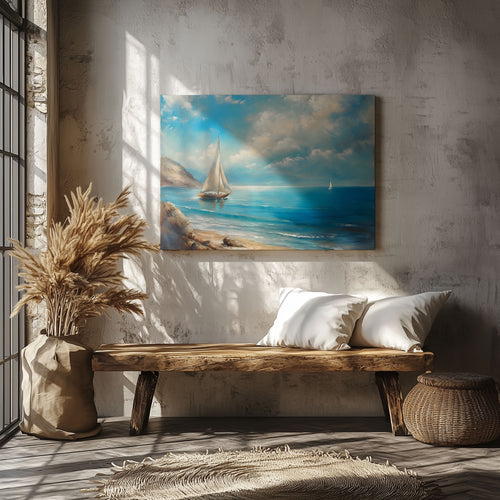 Tranquil Coast Sailing on Blue Horizon - Framed Canvas Wall Art Print | House Prints