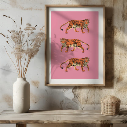 Bold Pink Stride of Tigers - Rolled Poster Wall Art Print