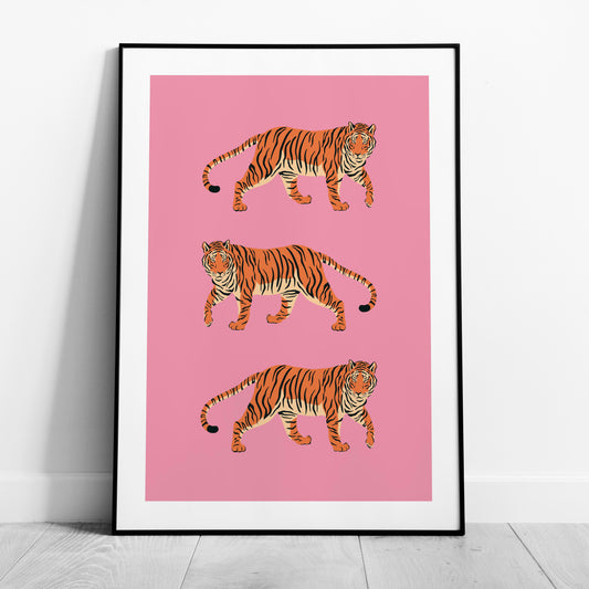 Bold Pink Stride of Tigers - Rolled Poster Wall Art Print