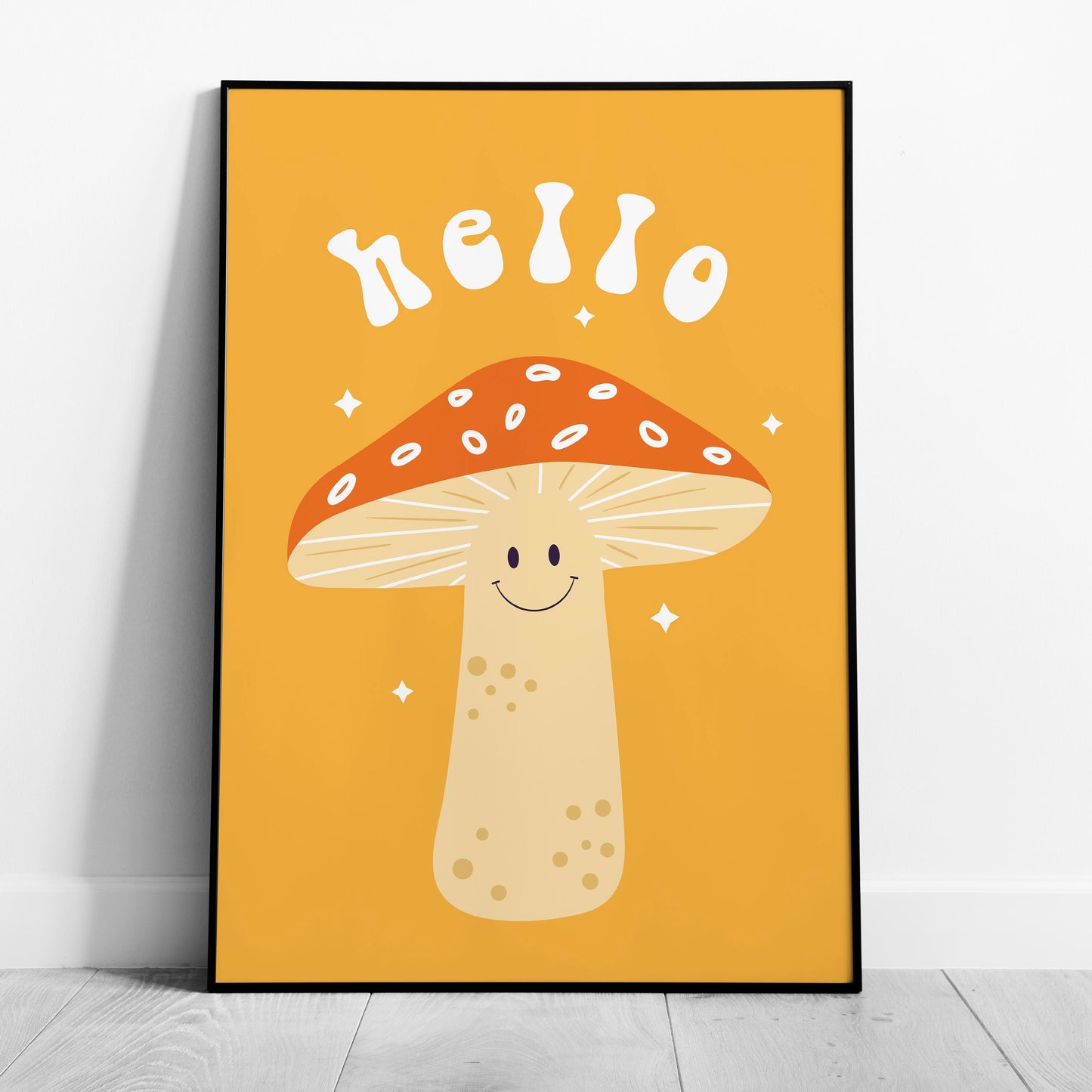 Orange Friendly Mushroom Hello - Rolled Poster Wall Art Print - House Prints