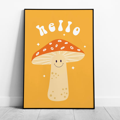 Orange Friendly Mushroom Hello - Rolled Poster Wall Art Print - House Prints
