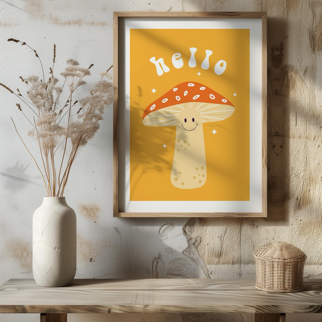 Orange Friendly Mushroom Hello - Rolled Poster Wall Art Print - House Prints