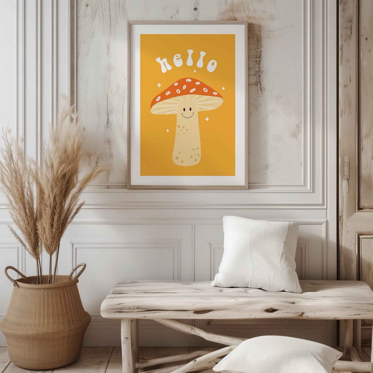 Orange Friendly Mushroom Hello - Rolled Poster Wall Art Print - House Prints