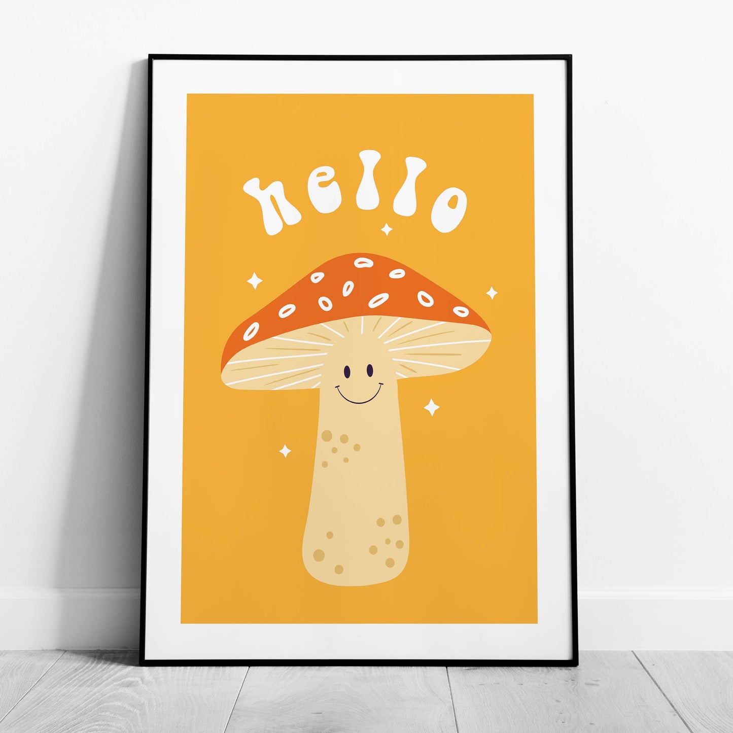Orange Friendly Mushroom Hello - Rolled Poster Wall Art Print - House Prints