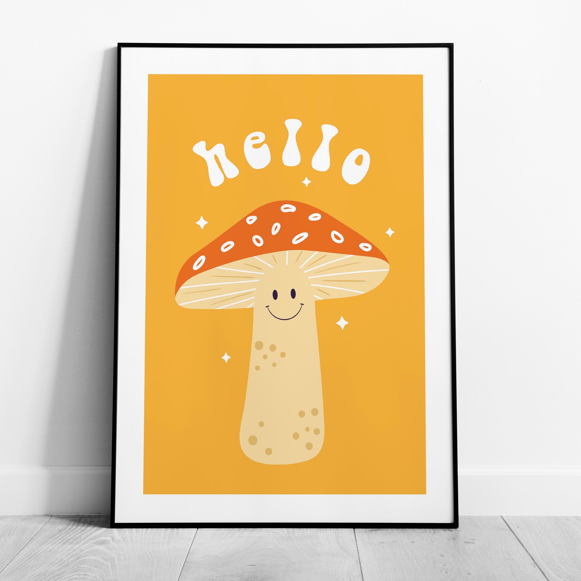 Orange Friendly Mushroom Hello - Rolled Poster Wall Art Print - House Prints
