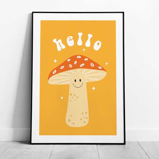 Orange Friendly Mushroom Hello - Rolled Poster Wall Art Print - House Prints