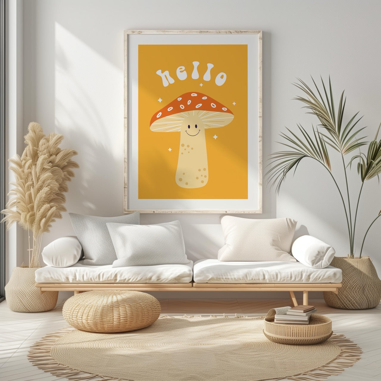 Orange Friendly Mushroom Hello - Rolled Poster Wall Art Print - House Prints