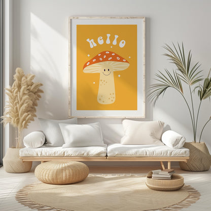 Orange Friendly Mushroom Hello - Rolled Poster Wall Art Print - House Prints