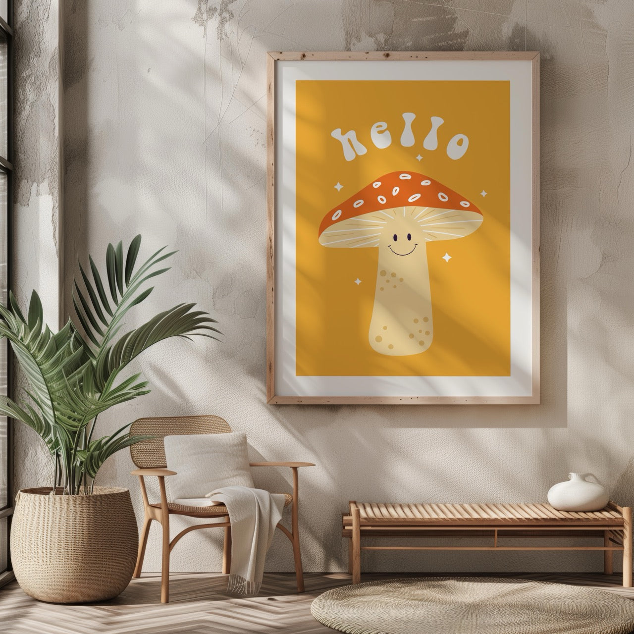 Orange Friendly Mushroom Hello - Rolled Poster Wall Art Print - House Prints