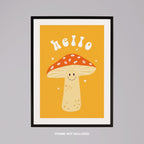 Orange Friendly Mushroom Hello - Rolled Poster Wall Art Print | House Prints