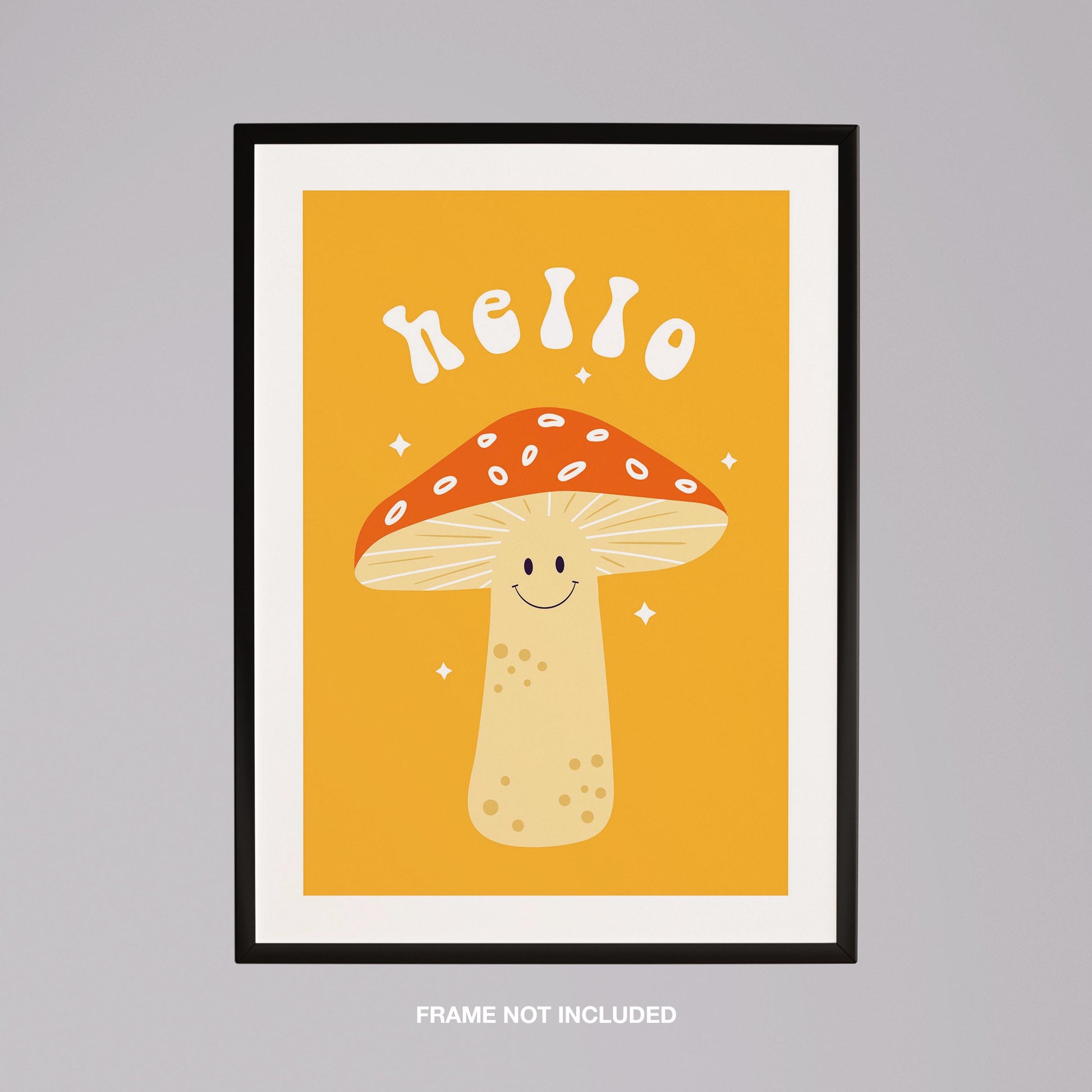 Orange Friendly Mushroom Hello - Rolled Poster Wall Art Print - House Prints