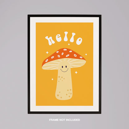 Orange Friendly Mushroom Hello - Rolled Poster Wall Art Print - House Prints
