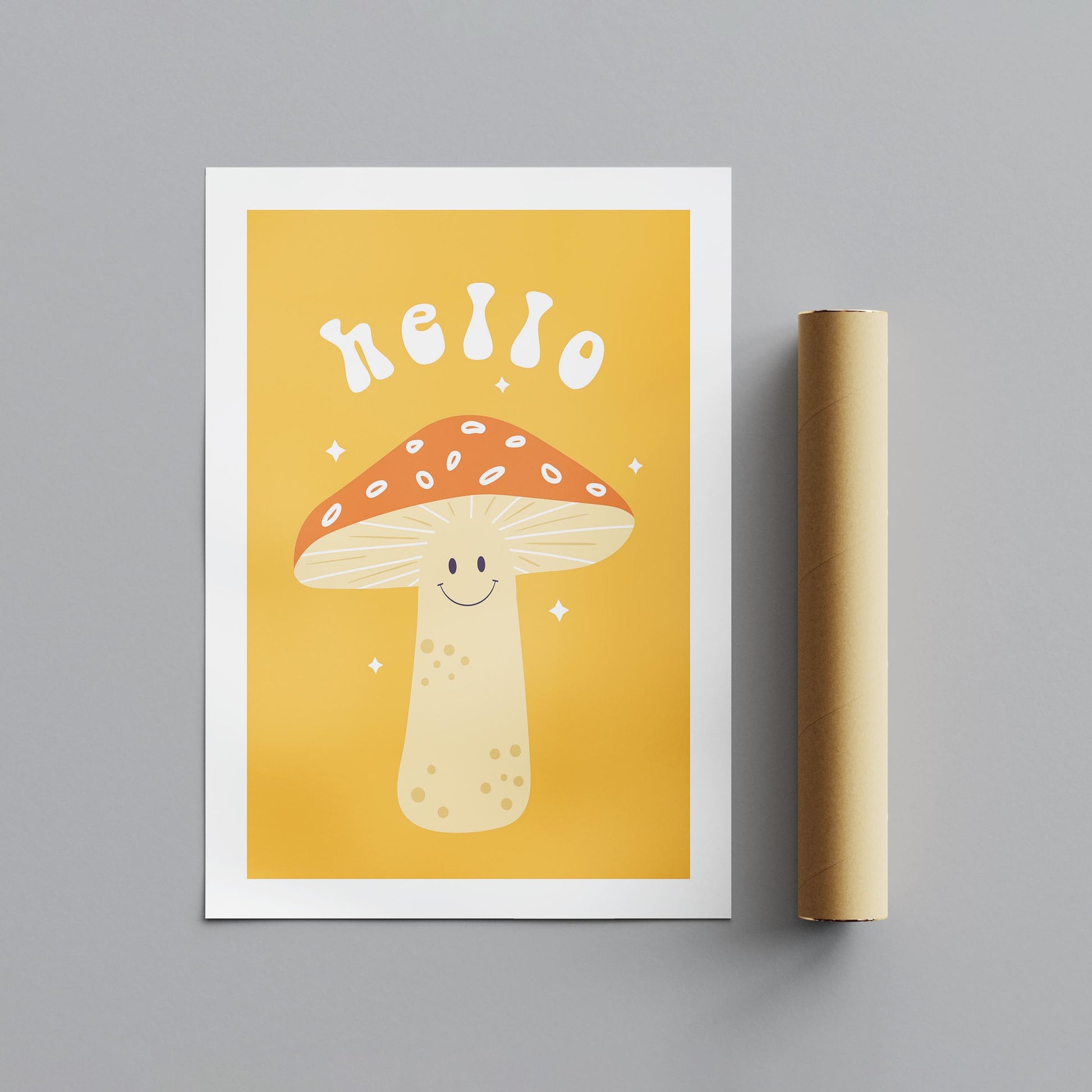 Orange Friendly Mushroom Hello - Rolled Poster Wall Art Print - House Prints