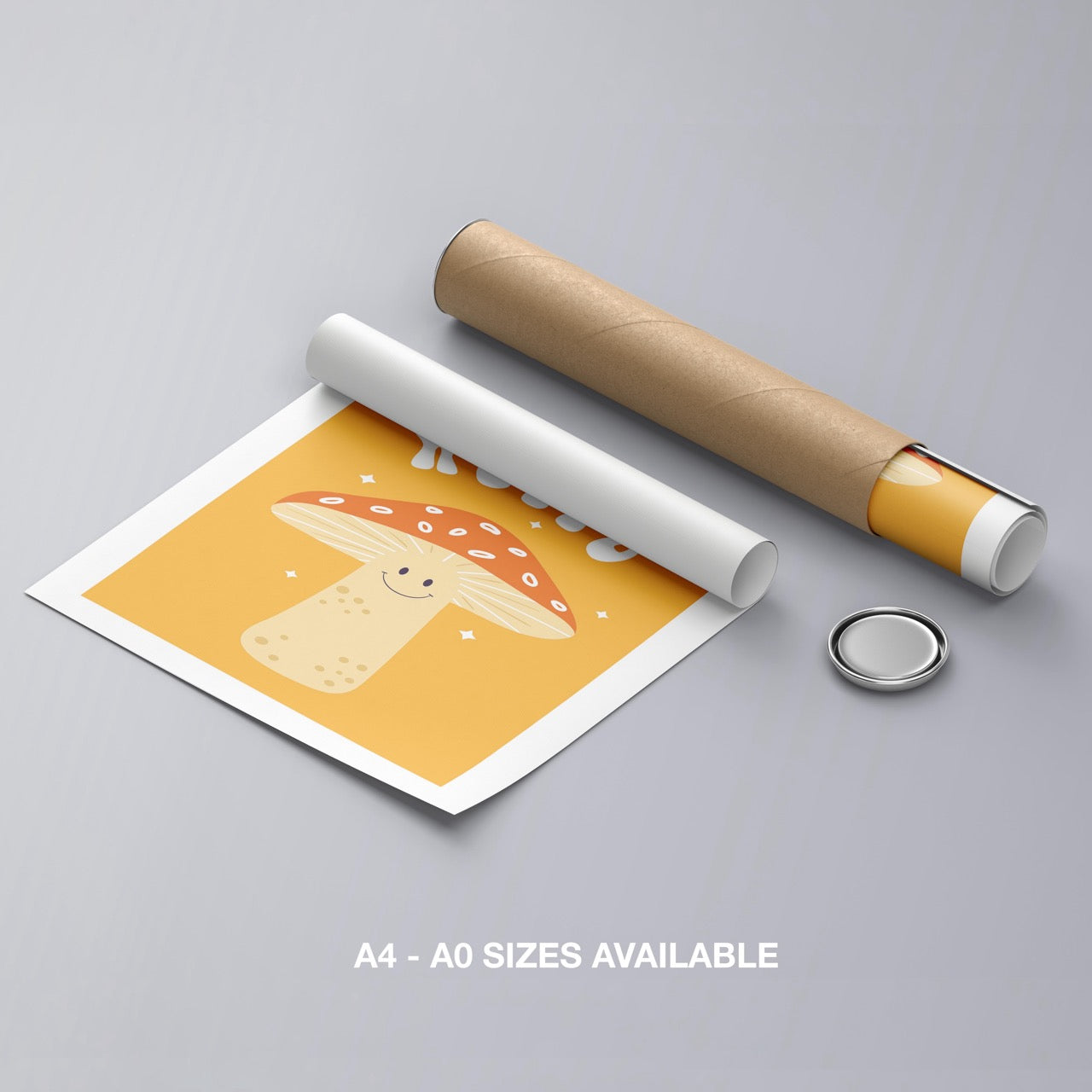 Orange Friendly Mushroom Hello - Rolled Poster Wall Art Print - House Prints
