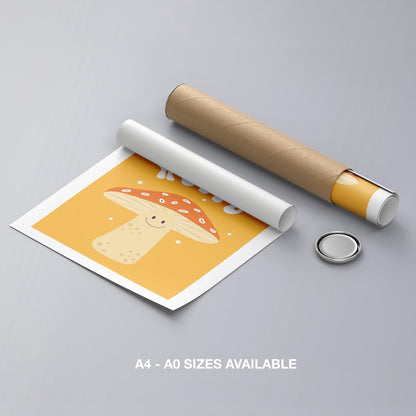 Orange Friendly Mushroom Hello - Rolled Poster Wall Art Print - House Prints