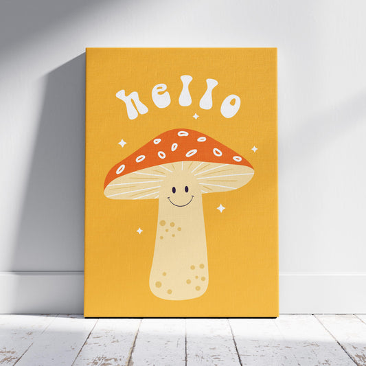 Orange Friendly Mushroom Hello - Framed Canvas Wall Art Print - House Prints