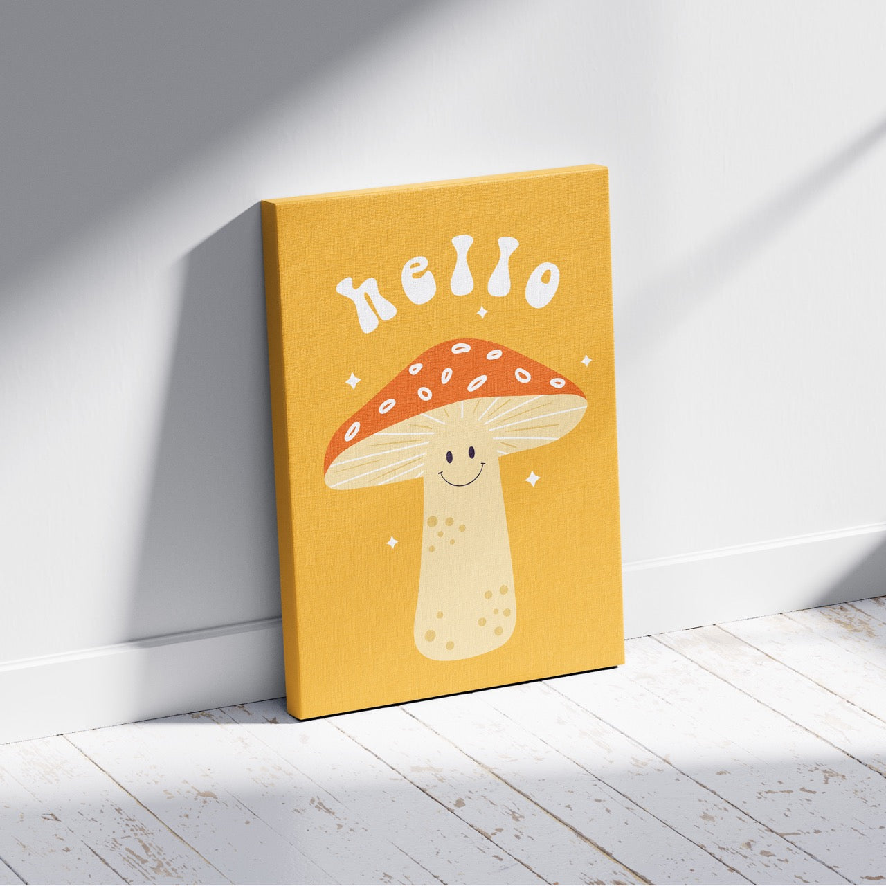 Orange Friendly Mushroom Hello - Framed Canvas Wall Art Print | House Prints