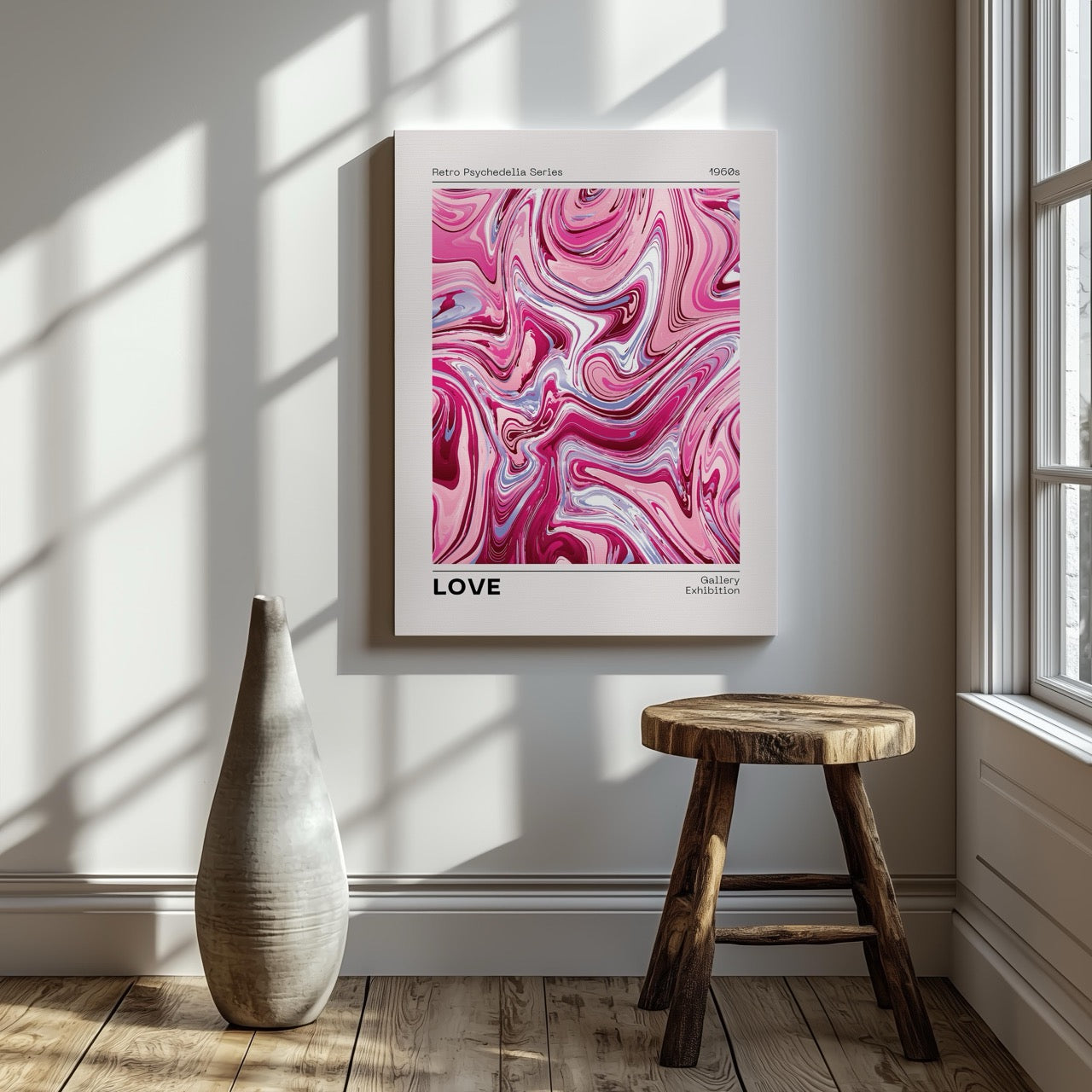Pink Retro Waves of Love - Framed Canvas Wall Art Print - House Prints