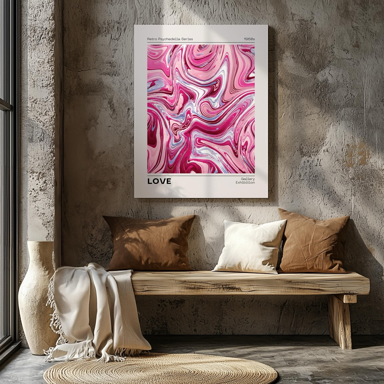 Pink Retro Waves of Love - Framed Canvas Wall Art Print - House Prints